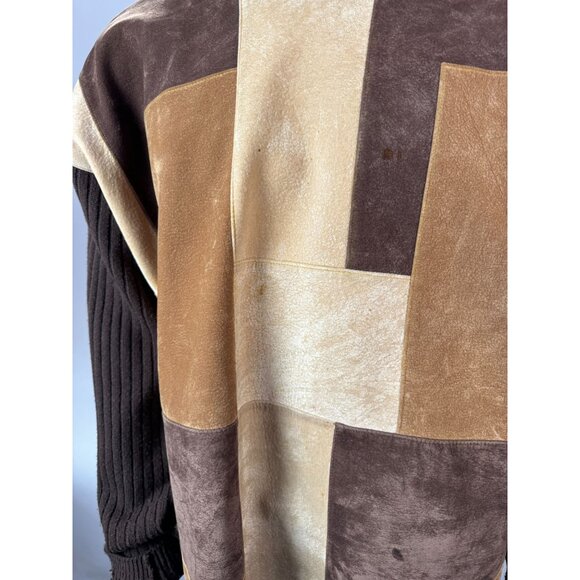 VTG 80s Koman Sport Patchwork Sweater Brown & Tan Ribbed Knit Mens L Blemish - Picture 11 of 16